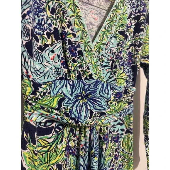 Lilly Pulitzer Riana Maxi Dress Blue Green Tropical Floral V-Neck Long Sleeve XS - Picture 3 of 10